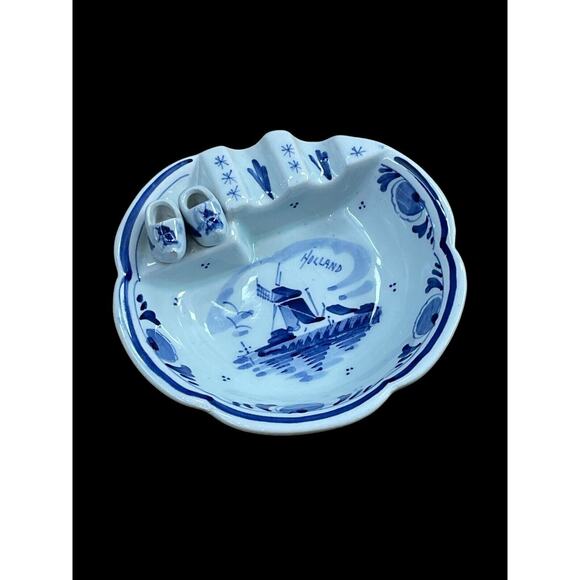 Vintage Delft Holland Cigar Smoking Ashtray Dutch Windmill Shoes Cobalt Blue - Picture 2 of 5